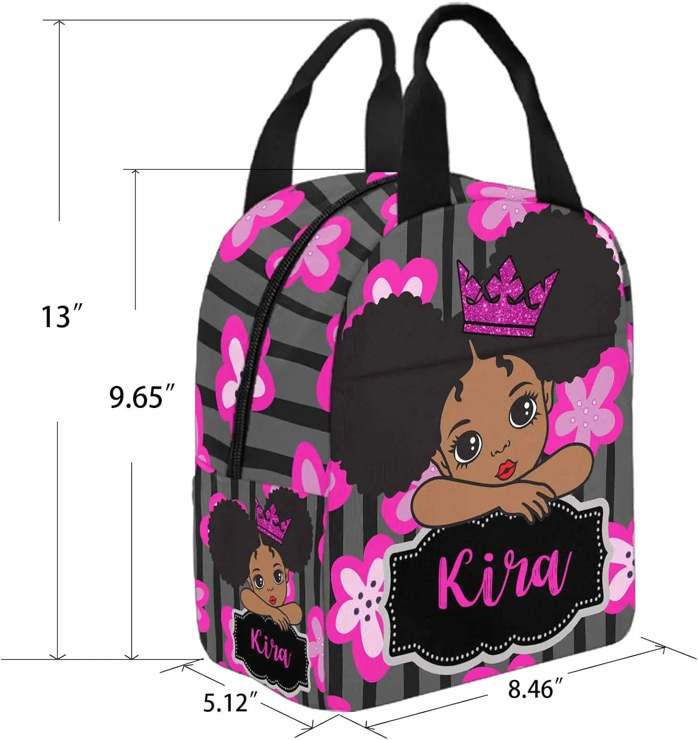 Custom Princess with Crown Backpack Bag for Girls Friends with Lunch Box, Personalized Floral Stripes Elementary School Bookbag with Lunch Tote Bag for Women Customzied Schoolbags Casual Daypack