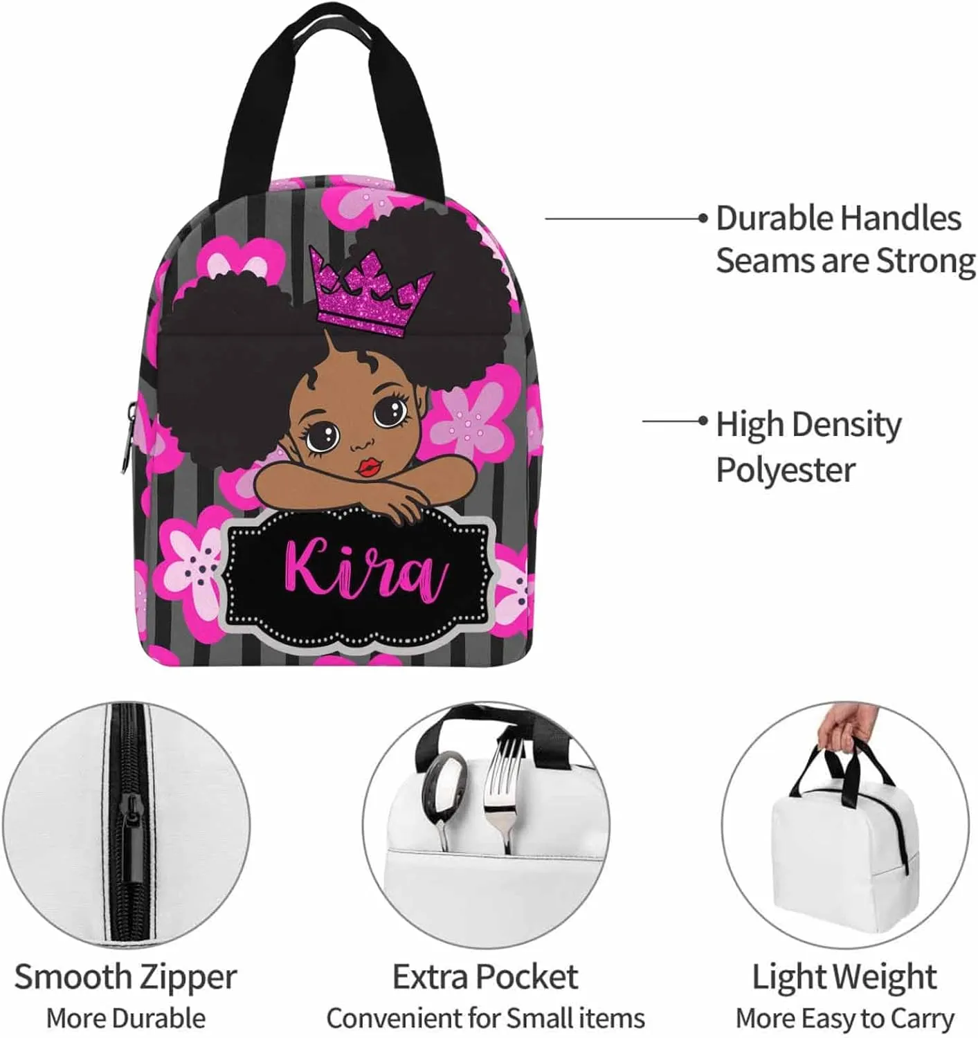 Custom Princess with Crown Backpack Bag for Girls Friends with Lunch Box, Personalized Floral Stripes Elementary School Bookbag with Lunch Tote Bag for Women Customzied Schoolbags Casual Daypack