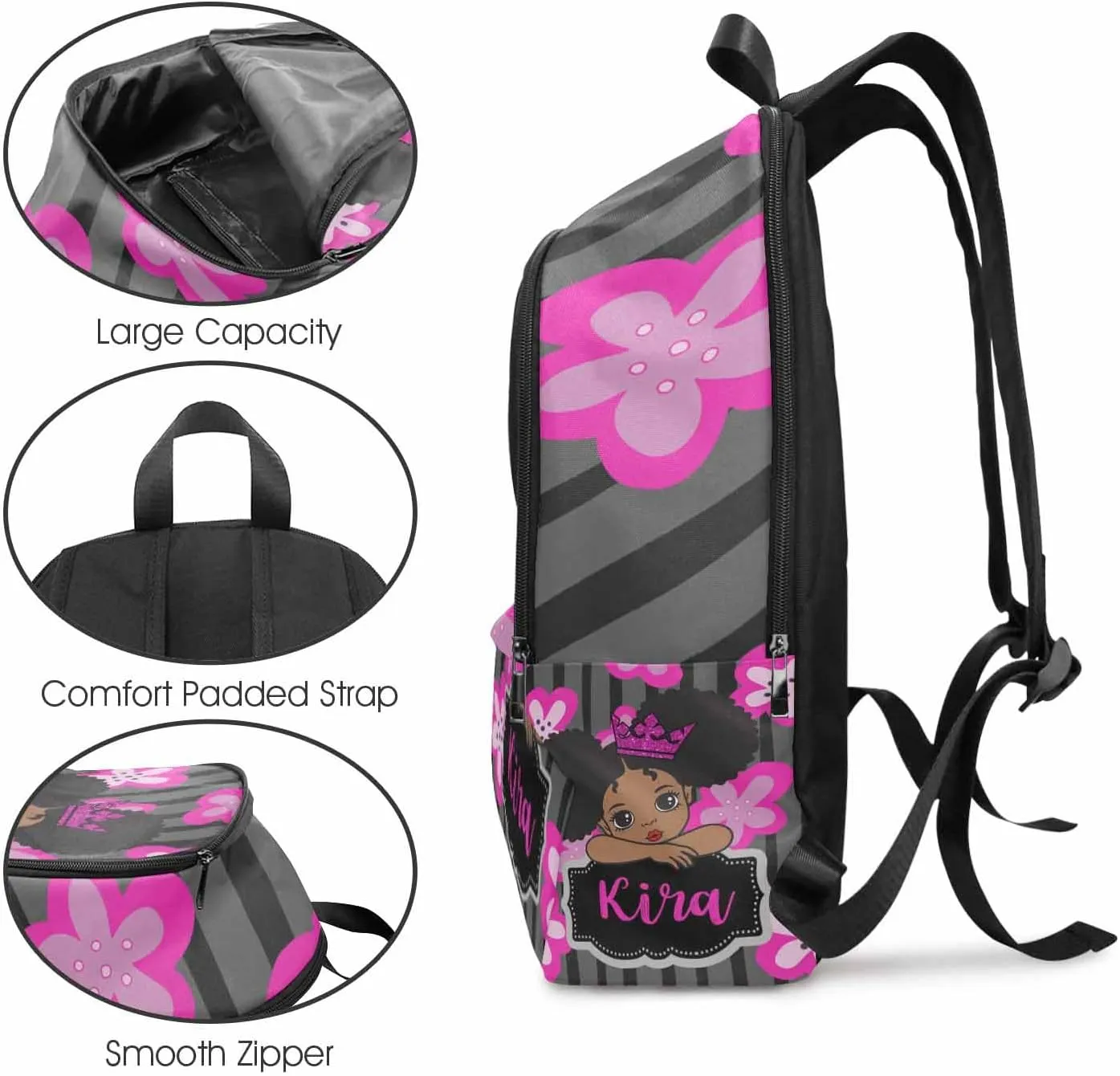Custom Princess with Crown Backpack Bag for Girls Friends with Lunch Box, Personalized Floral Stripes Elementary School Bookbag with Lunch Tote Bag for Women Customzied Schoolbags Casual Daypack