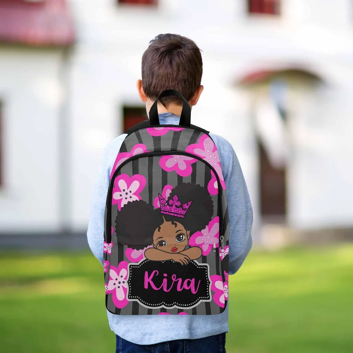 Custom Princess with Crown Backpack Bag for Girls Friends with Lunch Box, Personalized Floral Stripes Elementary School Bookbag with Lunch Tote Bag for Women Customzied Schoolbags Casual Daypack