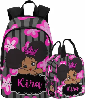 Custom Princess with Crown Backpack Bag for Girls Friends with Lunch Box, Personalized Floral Stripes Elementary School Bookbag with Lunch Tote Bag for Women Customzied Schoolbags Casual Daypack