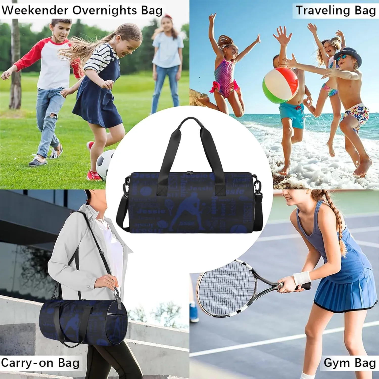 Custom Tennis Sport Bags Personalized Sports Gym Bag with Name Overnight Weekender Duffel Bag Customized Gifts for Women Men, Dark Blue