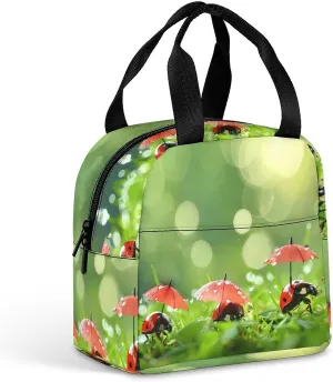Cute Insects with Umbrellas Funny Reusable Lunch Bag Insulated Tote Box Cooler Food Handbags Case For Women Men 8.5 X 8 X 5 Inches
