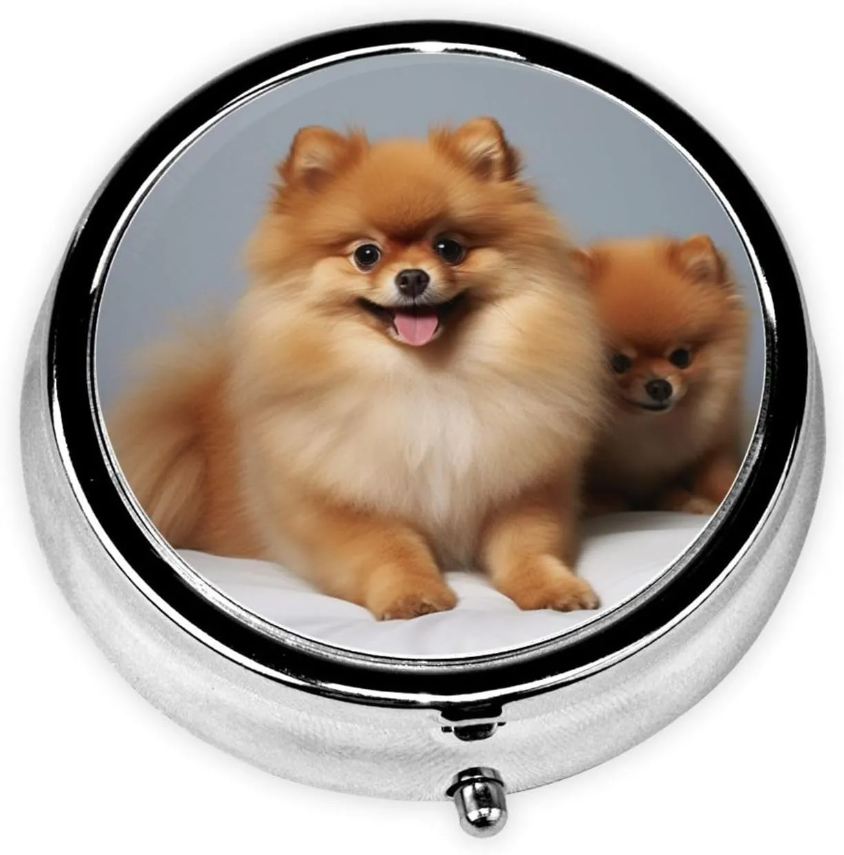 Cute Pomeranian Pill Box Round Pill Case for Pocket Purse 3 Compartment Medicine Pill Organizer Cute Portable Travel Pillbox Vitamin Cod Liver Oil Storage Box Unique Gift Organizer