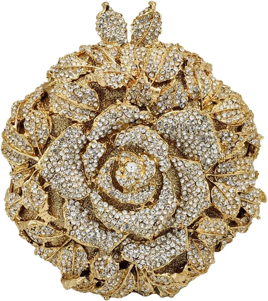 Dazzling Round Shape Rose Flower Evening Bag Elegant Clutch Purses for Women Formal Wedding Party Cocktail Handbags