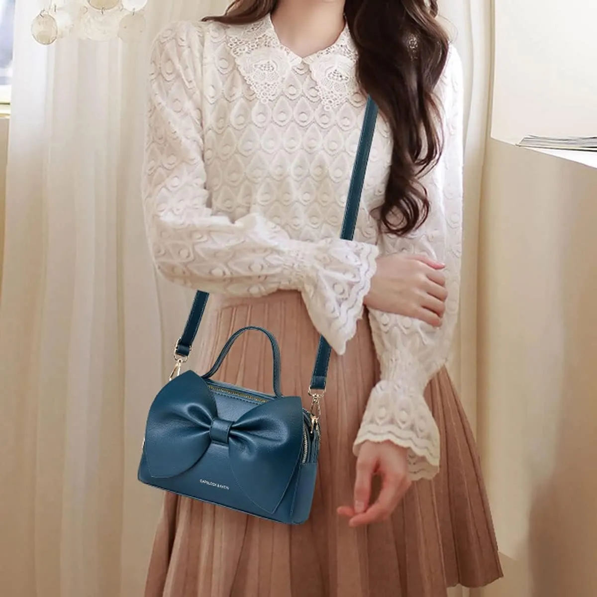 Designer Small Handbags for Women with Top Carry Handle and Cute Bow Knot,Leather Purses and Over-Shoulder Strap