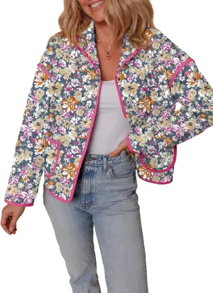 Dokotoo Warm Quilted Jackets for Women Long Sleeve Floral Print Button Down Puffer Jacket Coats with Pockets