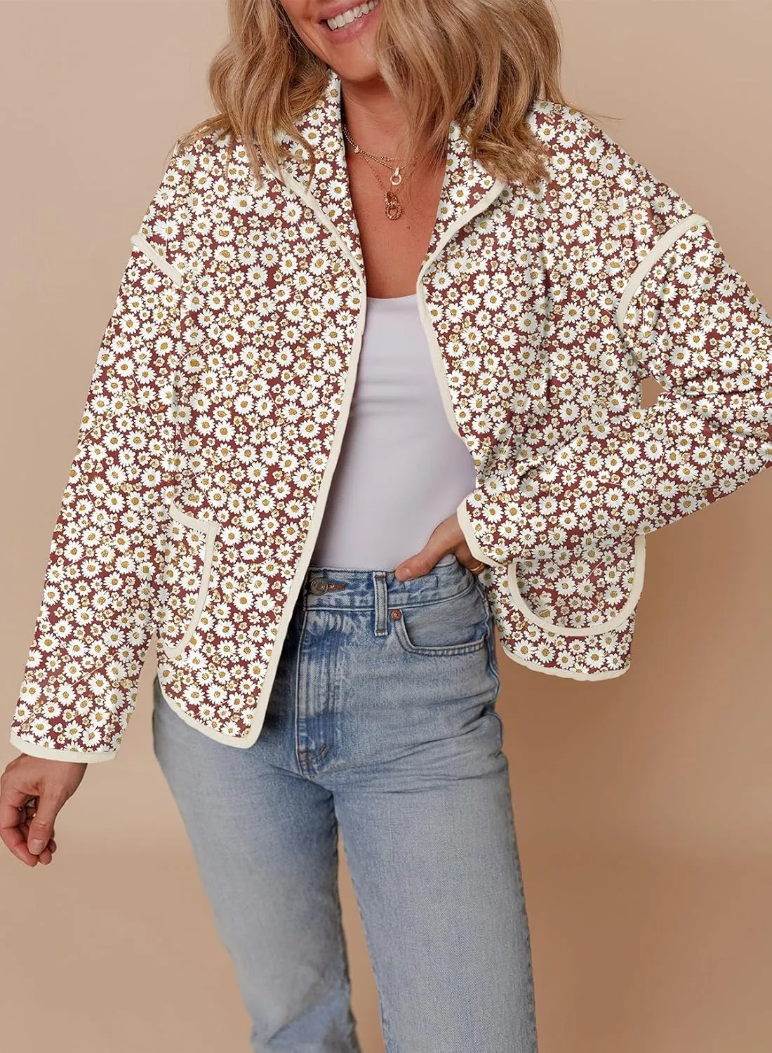 Dokotoo Warm Quilted Jackets for Women Long Sleeve Floral Print Button Down Puffer Jacket Coats with Pockets