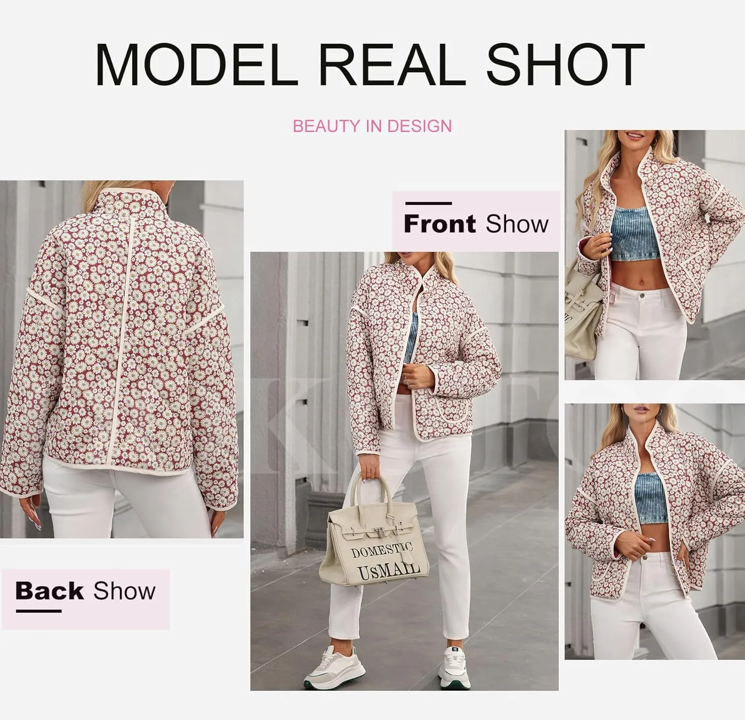 Dokotoo Warm Quilted Jackets for Women Long Sleeve Floral Print Button Down Puffer Jacket Coats with Pockets