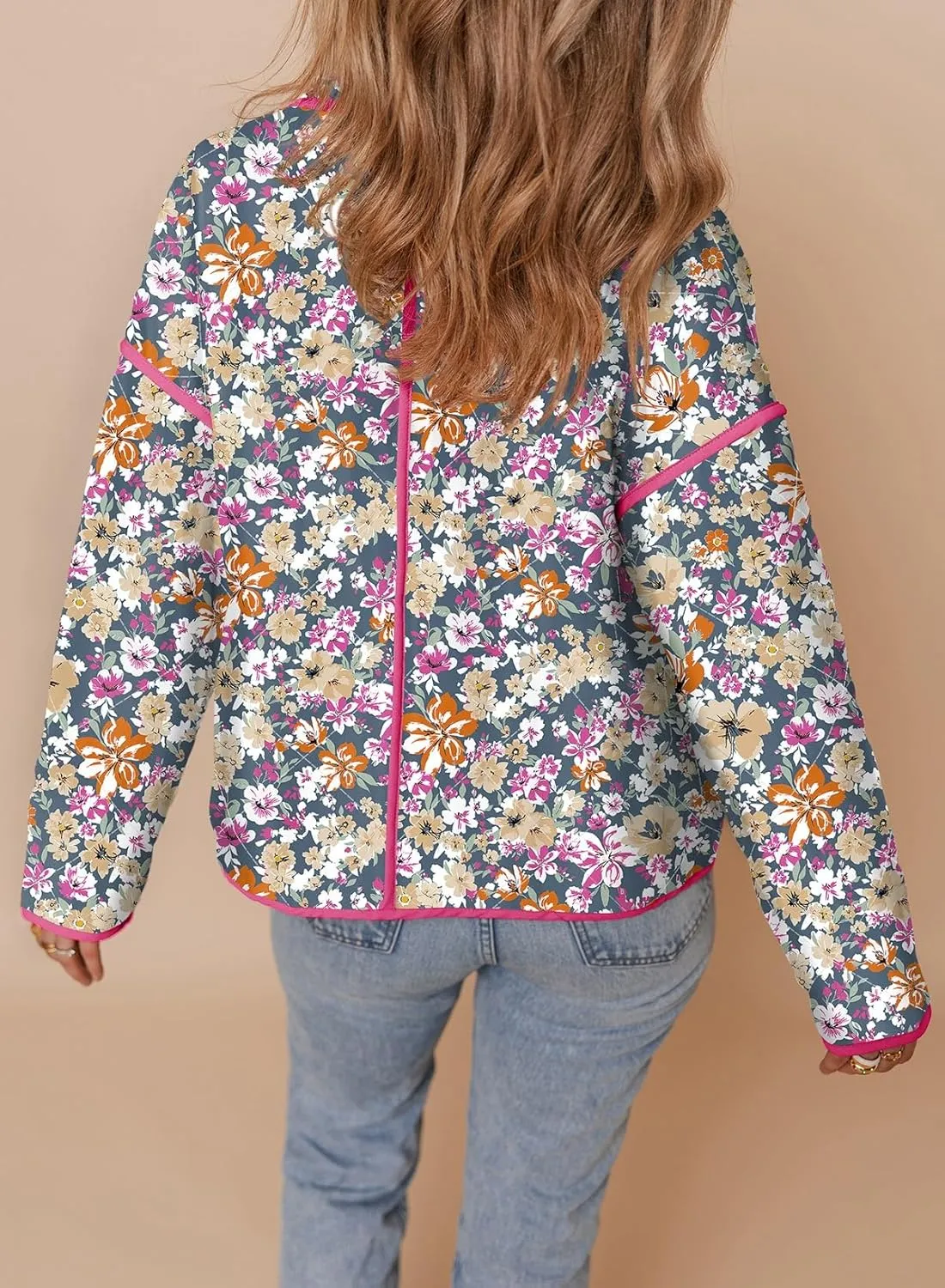 Dokotoo Warm Quilted Jackets for Women Long Sleeve Floral Print Button Down Puffer Jacket Coats with Pockets