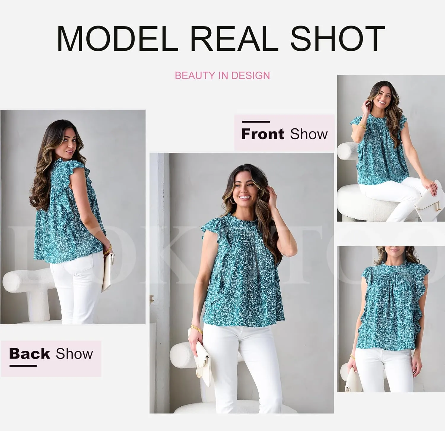 Dokotoo Womens Summer Tops Casual Crewneck Floral Print Shirts Smocked Ruffle Short Sleeve Babydoll Blouses