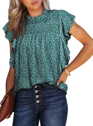 Dokotoo Womens Summer Tops Casual Crewneck Floral Print Shirts Smocked Ruffle Short Sleeve Babydoll Blouses