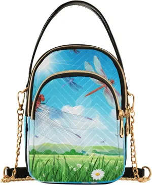 Dragonfly Daisies Meadow Sunny Multi Pockets Crossbody Bags for Women Zip Cell Phone Purse Wallet Bag with Detachable Shoulder Strap Cross Body Handbag for Women Girls Trendy Gift Traveling Shopping