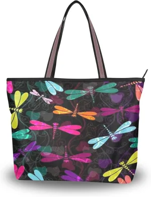 Dragonfly Tote Bag for Women with Zipper Pocket Polyester Tote Purse