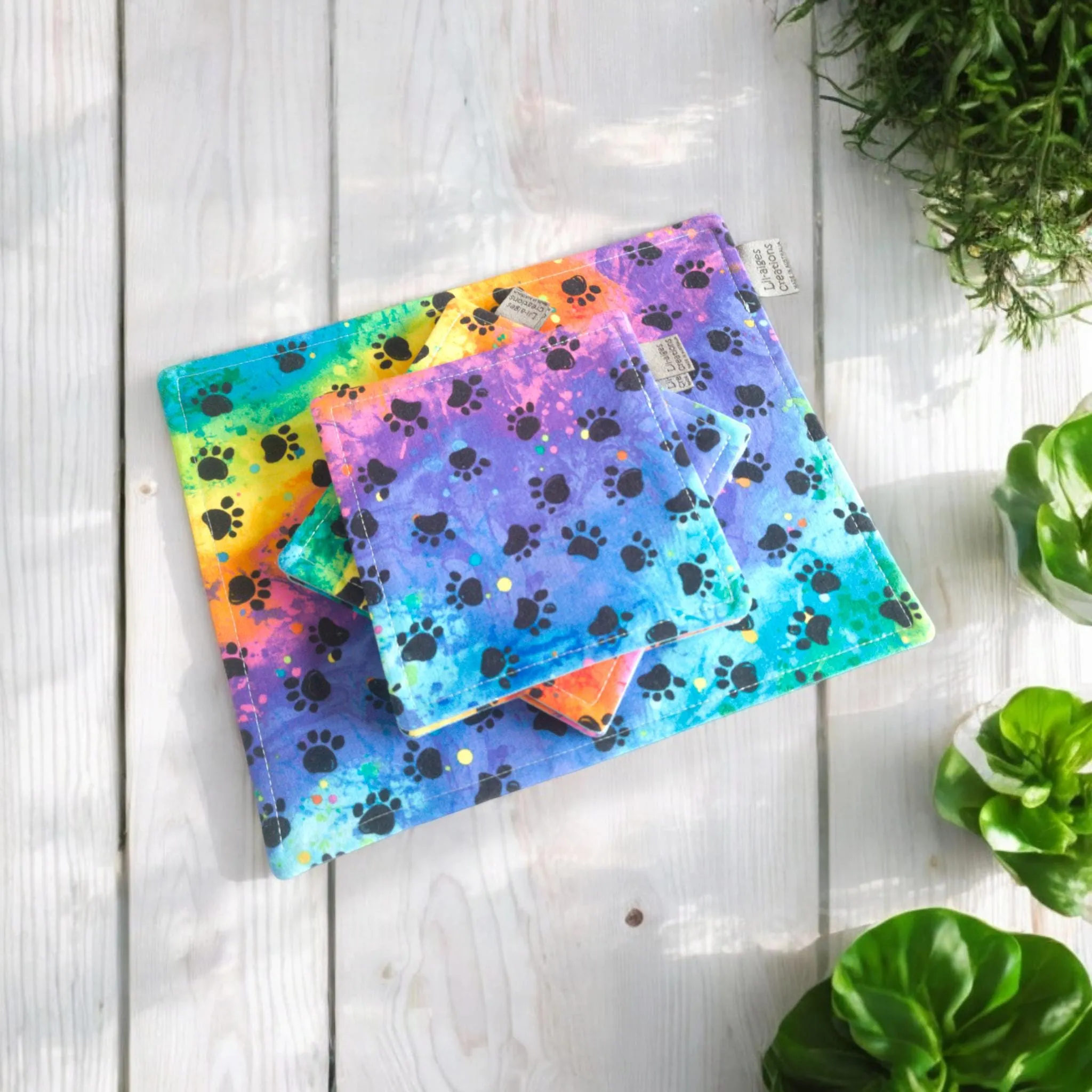 Drinks Coaster Set | Reversible Rainbow & Aqua Blue-Green Quilted Large Drinks Set | Made in Australia