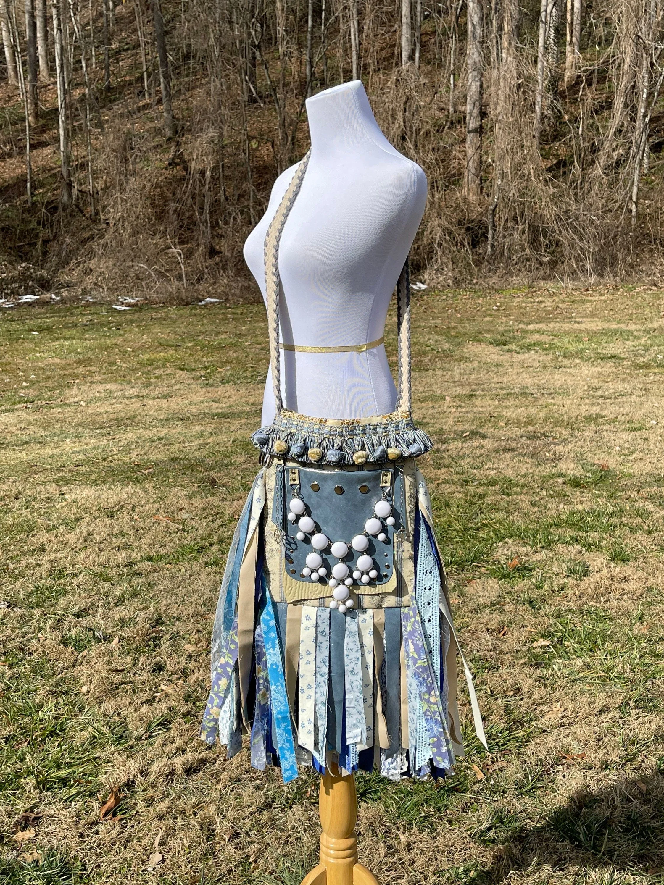 Earthy Blue Goddess Bag, Ultimate Festival Fringe Bag, A Hippie Handbag with Boho Chic Embellishments.