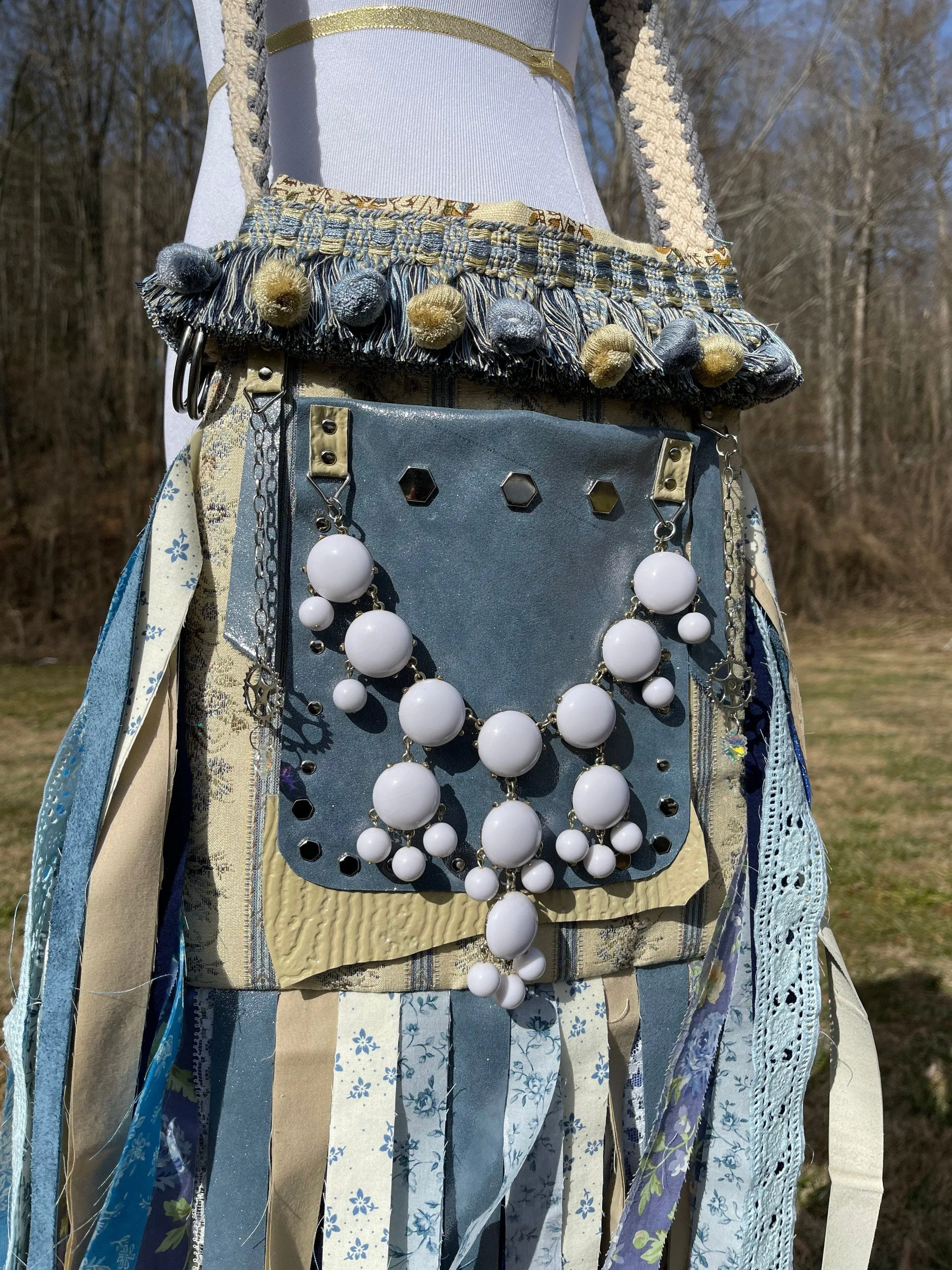 Earthy Blue Goddess Bag, Ultimate Festival Fringe Bag, A Hippie Handbag with Boho Chic Embellishments.