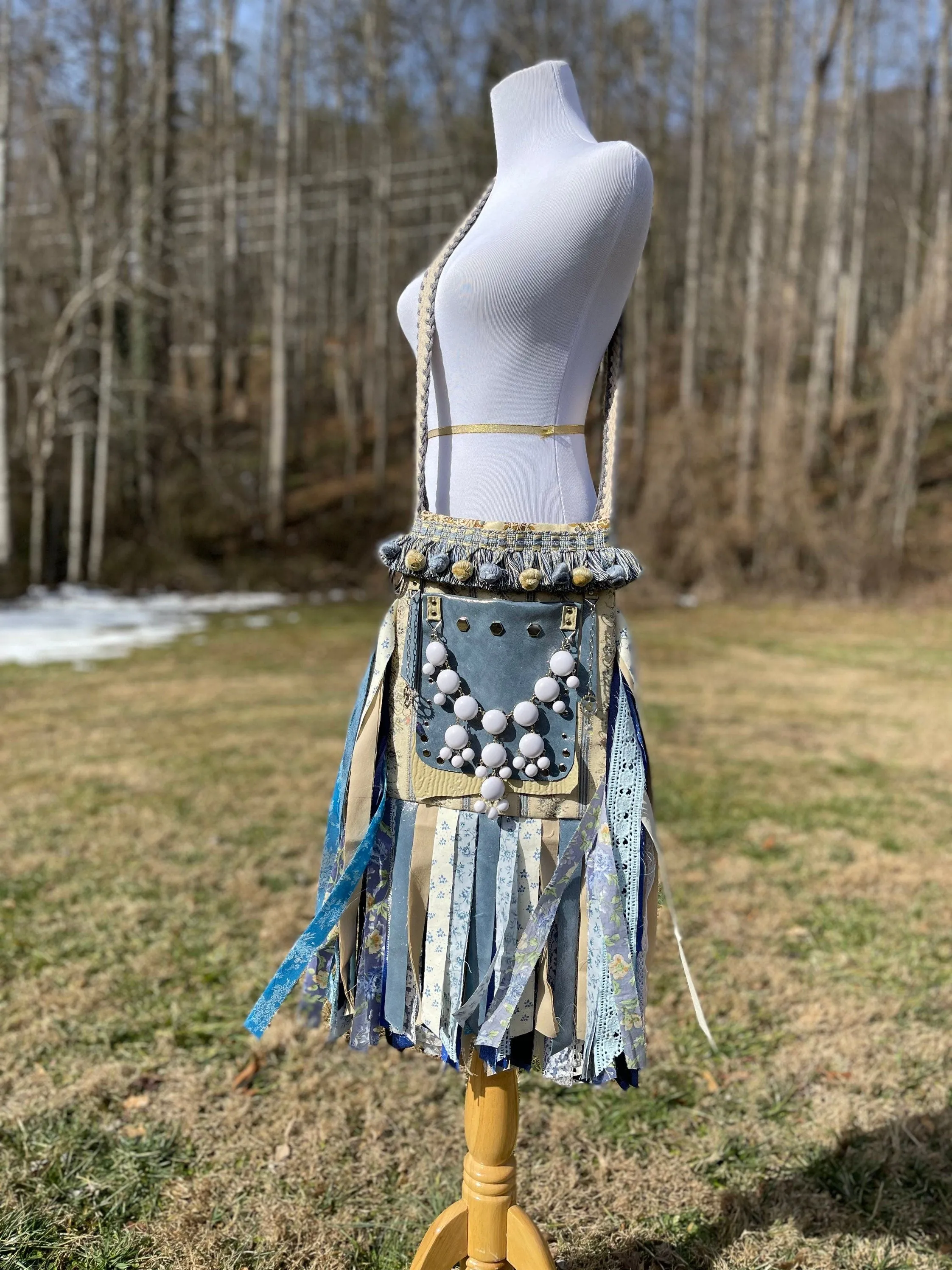 Earthy Blue Goddess Bag, Ultimate Festival Fringe Bag, A Hippie Handbag with Boho Chic Embellishments.