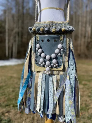 Earthy Blue Goddess Bag, Ultimate Festival Fringe Bag, A Hippie Handbag with Boho Chic Embellishments.