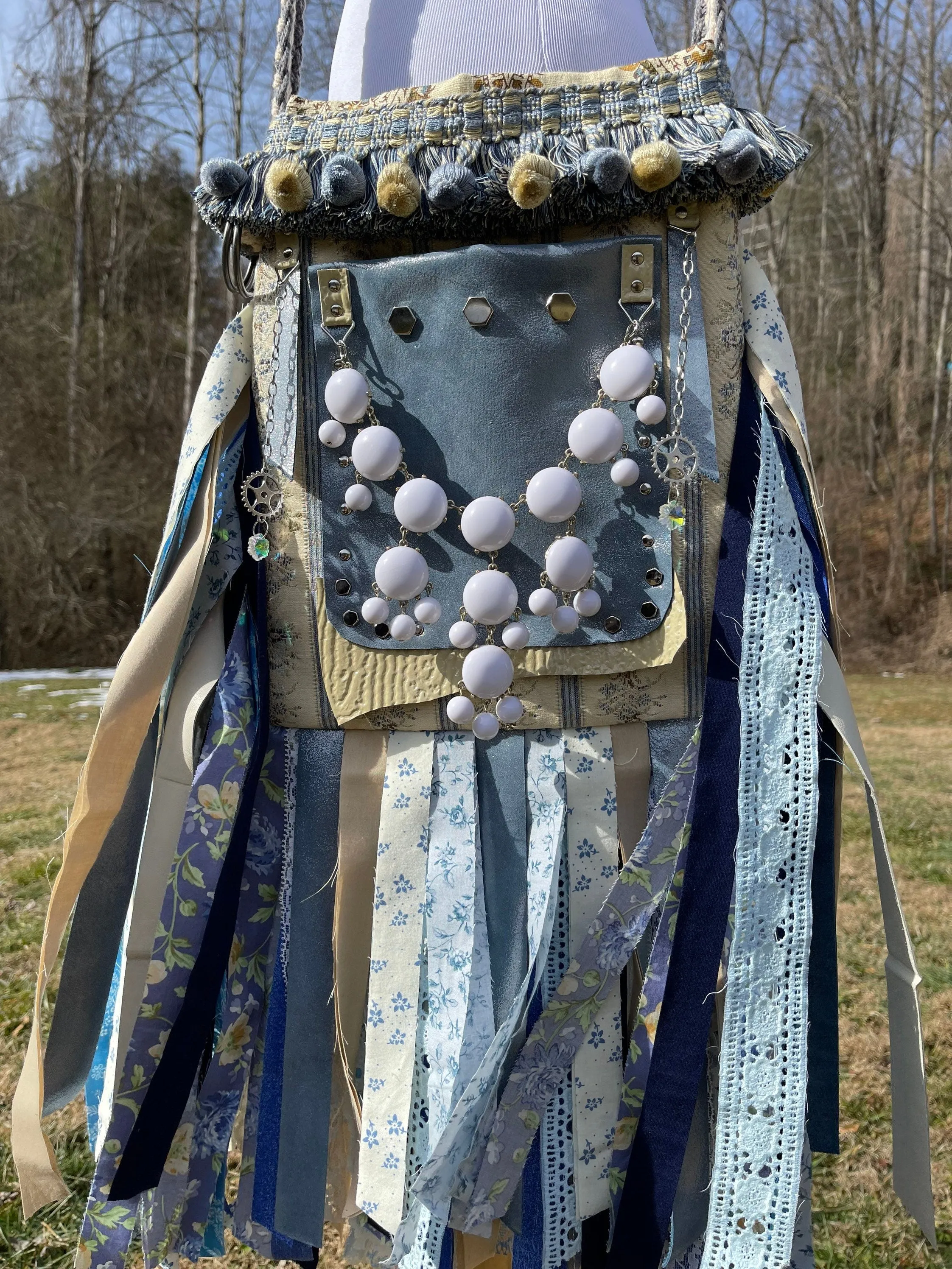 Earthy Blue Goddess Bag, Ultimate Festival Fringe Bag, A Hippie Handbag with Boho Chic Embellishments.