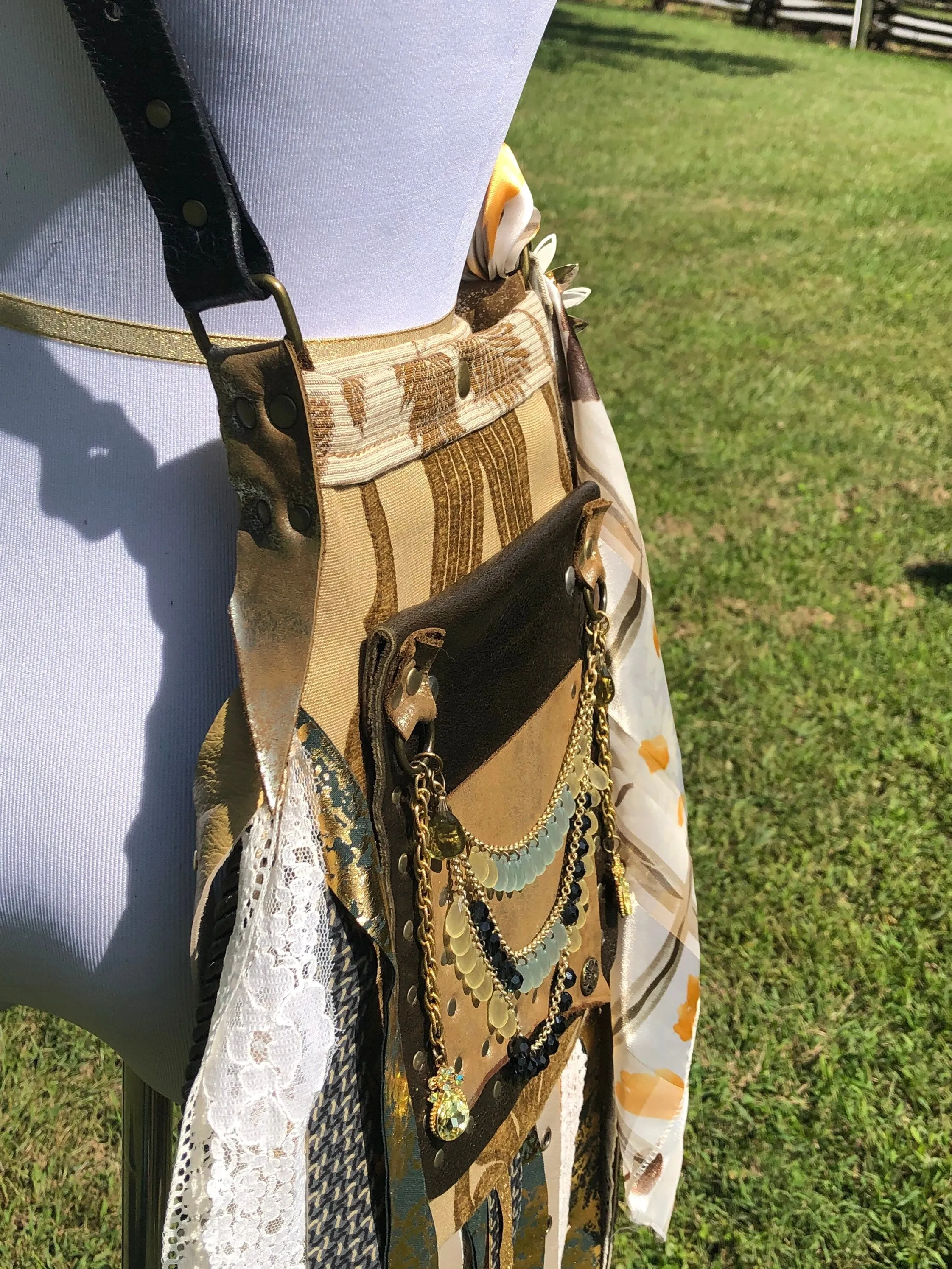 Earthy Boho Chic bag with Steampunk Style. A Crossbody Messenger bag with Embellishments.