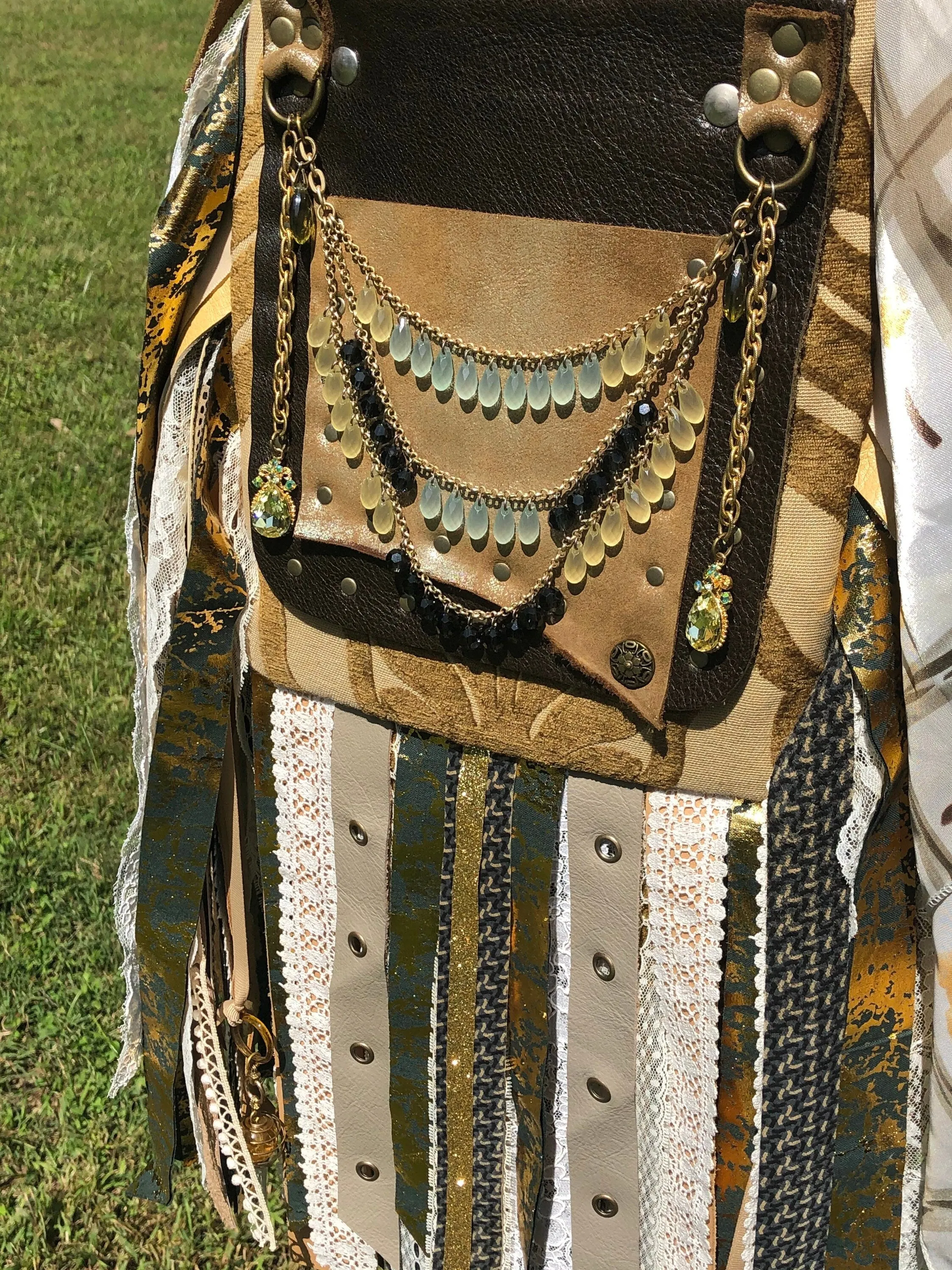Earthy Boho Chic bag with Steampunk Style. A Crossbody Messenger bag with Embellishments.