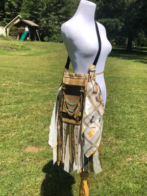 Earthy Boho Chic bag with Steampunk Style. A Crossbody Messenger bag with Embellishments.