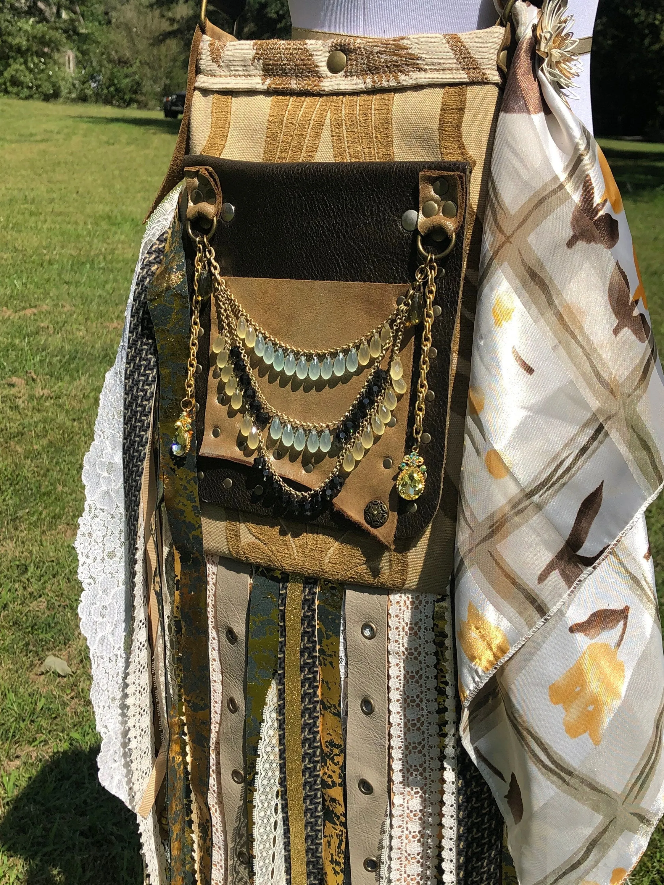 Earthy Boho Chic bag with Steampunk Style. A Crossbody Messenger bag with Embellishments.