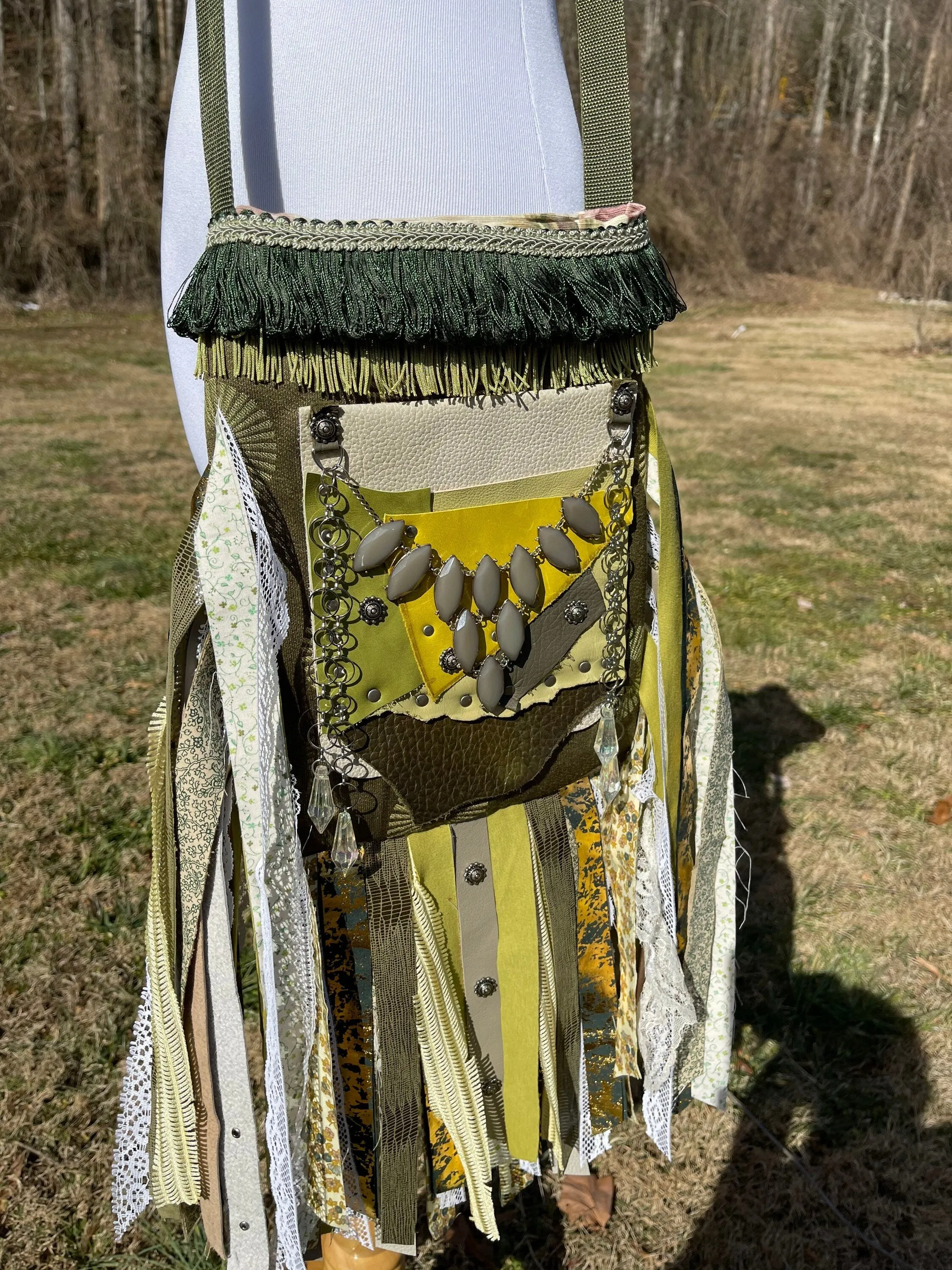 Earthy Green Fringe Purse, Ultimate Goddess Purse, Festival Fringe Bag, Hippie Handbag, Boho Chic Crossbody Messenger, Embellished purse