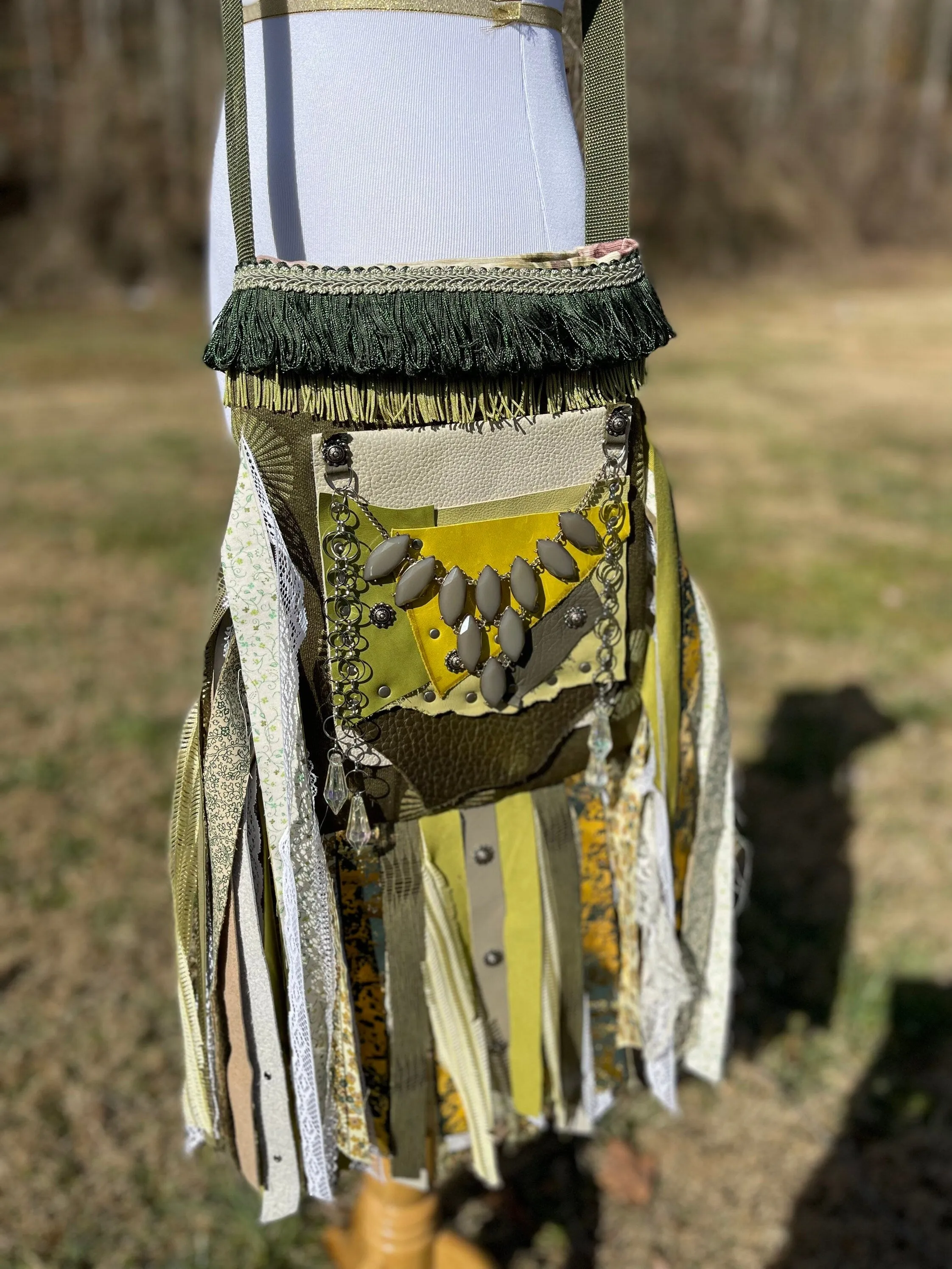 Earthy Green Fringe Purse, Ultimate Goddess Purse, Festival Fringe Bag, Hippie Handbag, Boho Chic Crossbody Messenger, Embellished purse