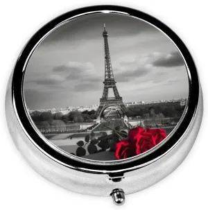 Eiffel Tower with Rose Pill Box Round Pill Case for Pocket Purse 3 Compartment Medicine Pill Organizer Cute Portable Travel Pillbox Vitamin Cod Liver Oil Storage Box Unique Gift Organizer