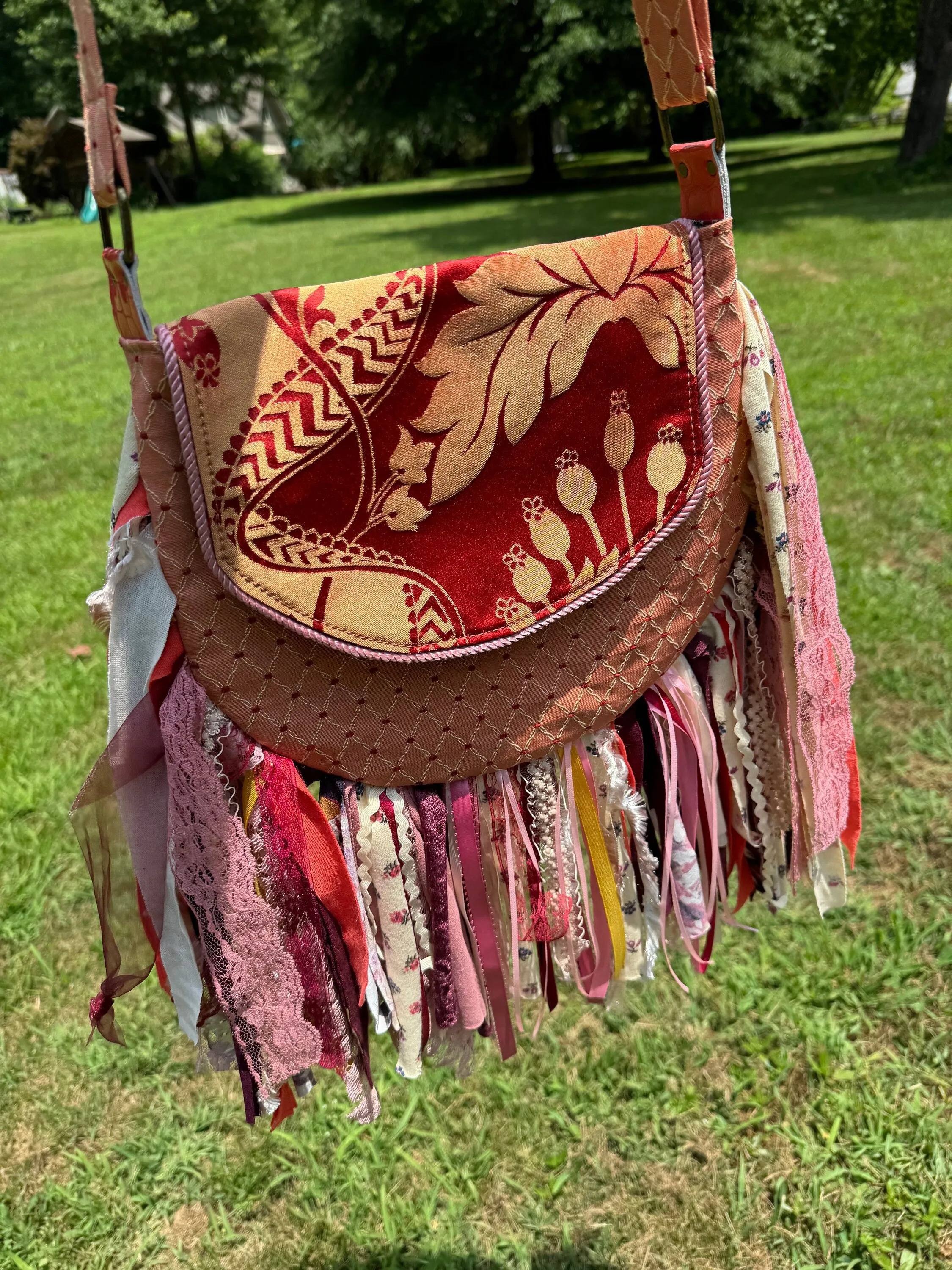 Embellished Earthy Lace Fringe Purse - Boho Handbag, Hippie Style with a Chic Twist
