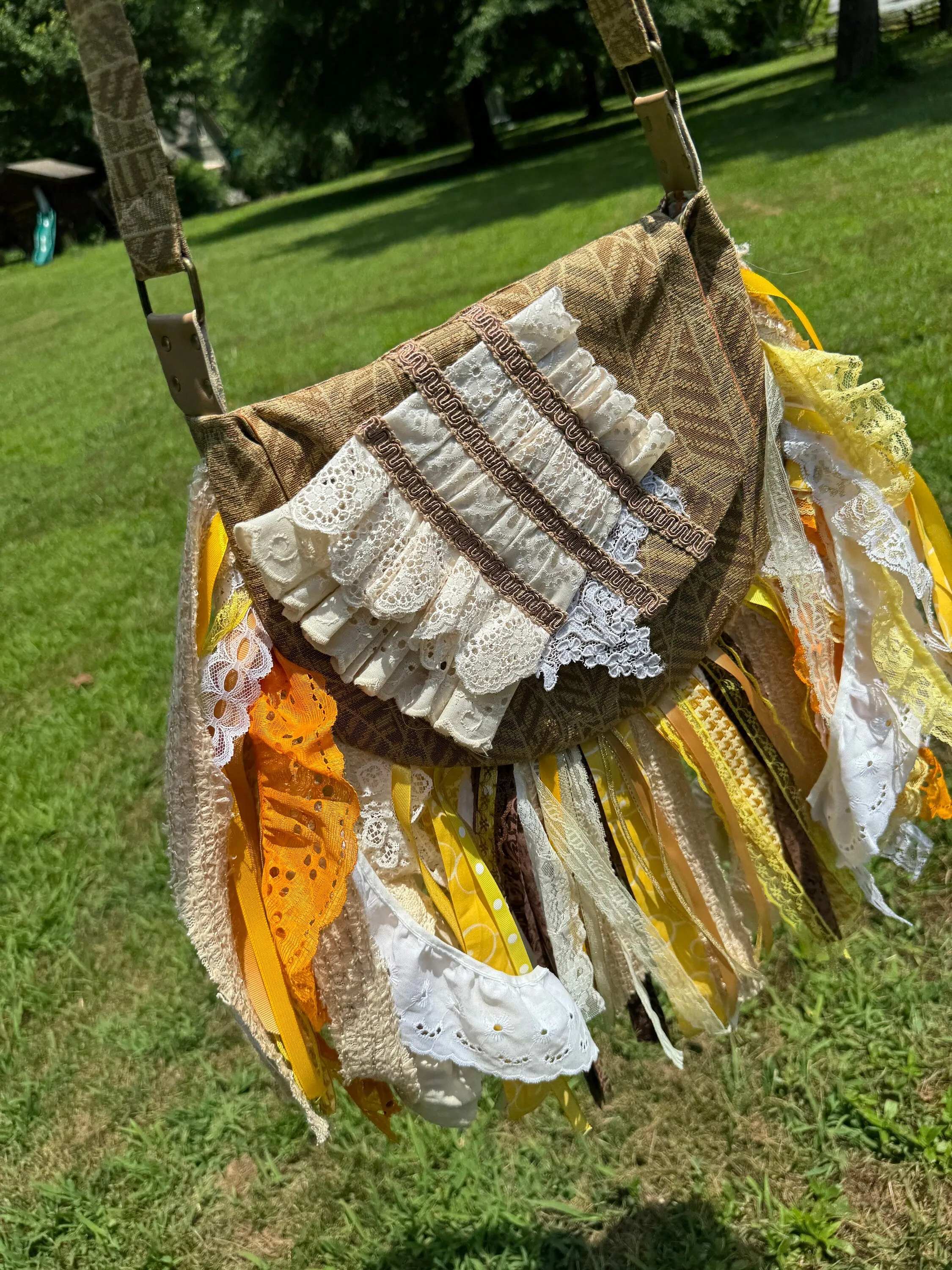 Embrace the Boho Vibe: Earthy Lace Fringe Purse, Hippie Handbag with Chic Embellishments!