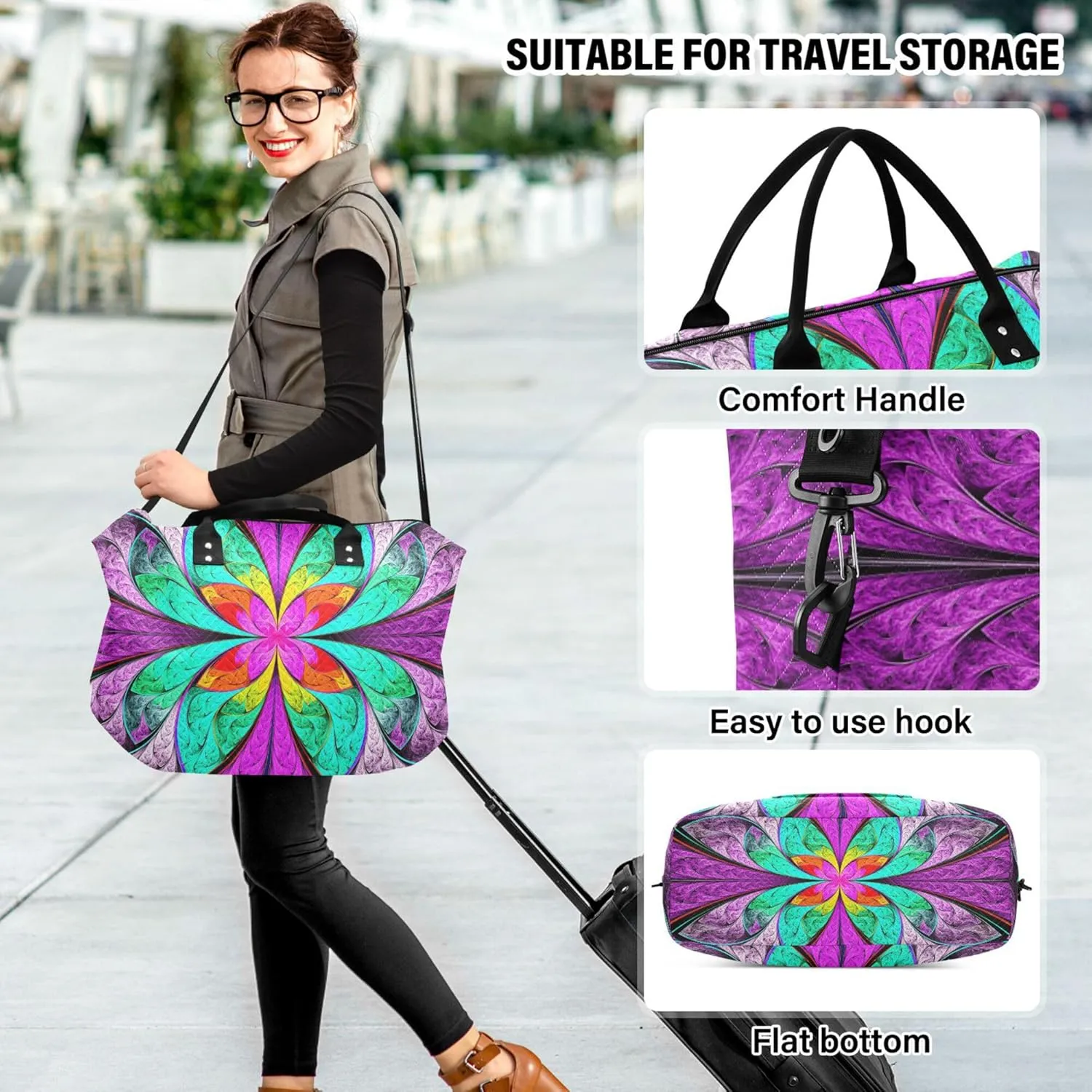 Exnundod Women Weekender Bags Fantasy Colorful Leaves Flower Travel Duffel Bags Carry On Overnight Bag Large Hospital Tote Luggage