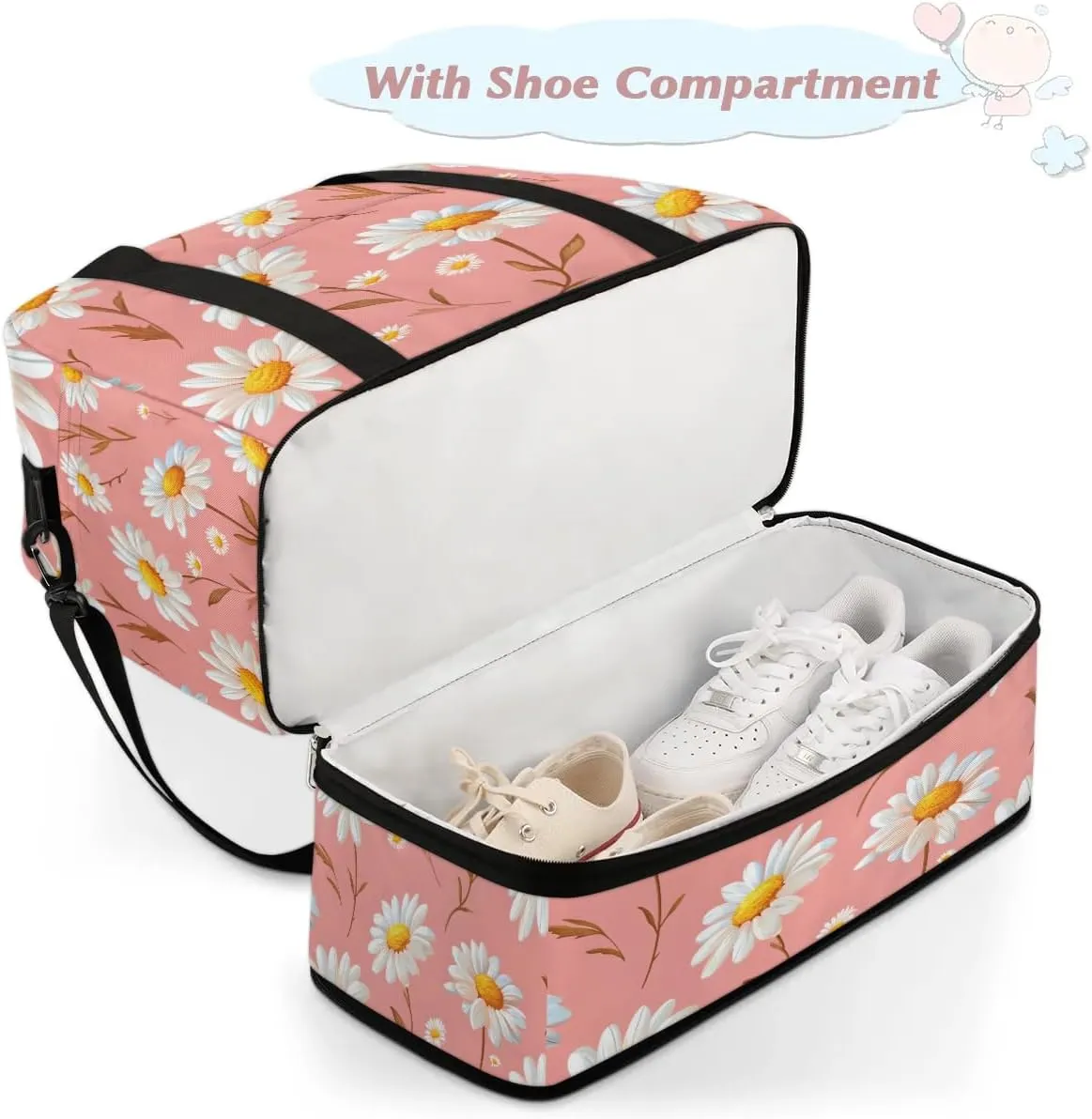 Exquisite Daisy Print Colorful Travel Duffle Bag, Collapsible Travel Bag Sports Gym Bag With Shoes Compartment Weekender Bag Overnight Bag For Women Men