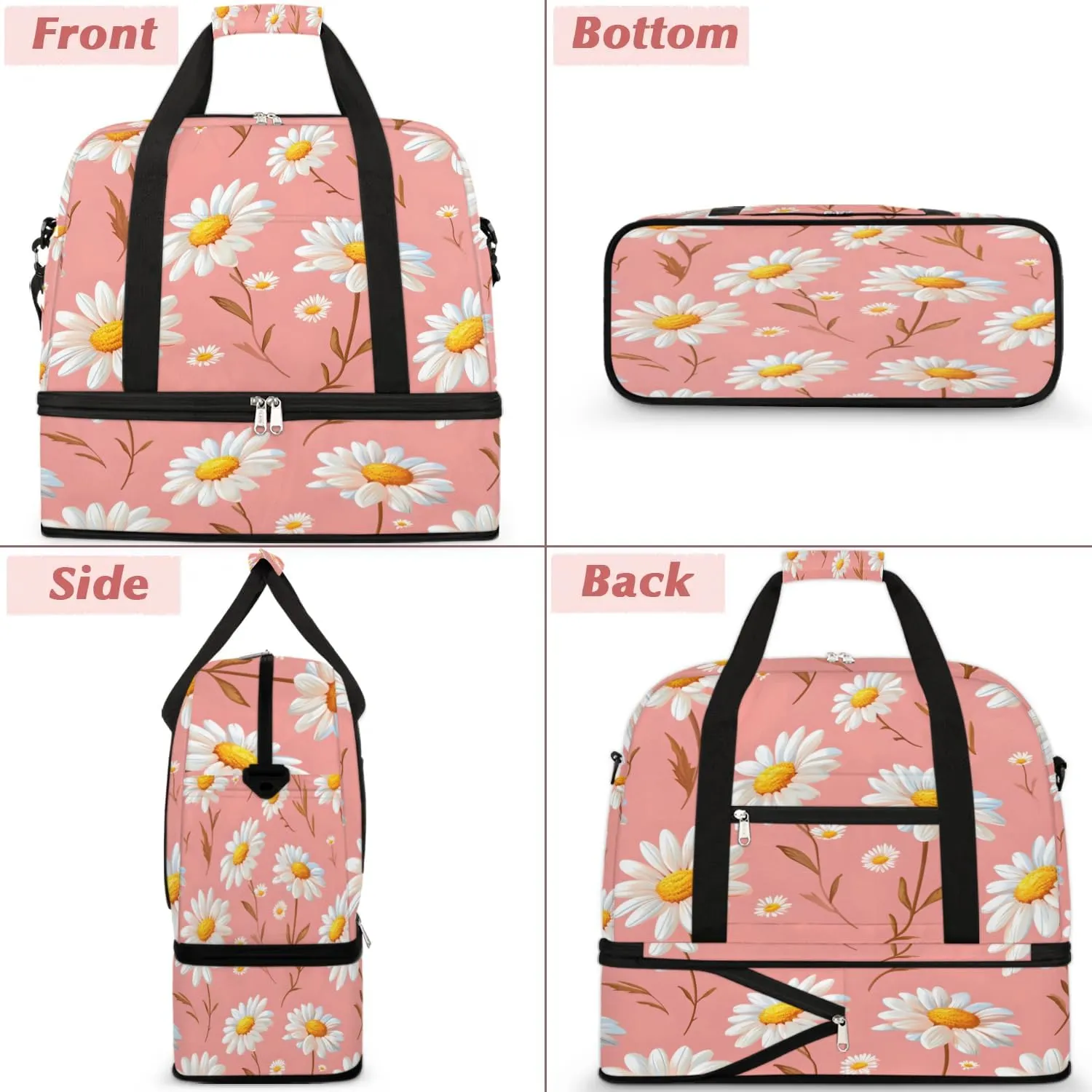 Exquisite Daisy Print Colorful Travel Duffle Bag, Collapsible Travel Bag Sports Gym Bag With Shoes Compartment Weekender Bag Overnight Bag For Women Men