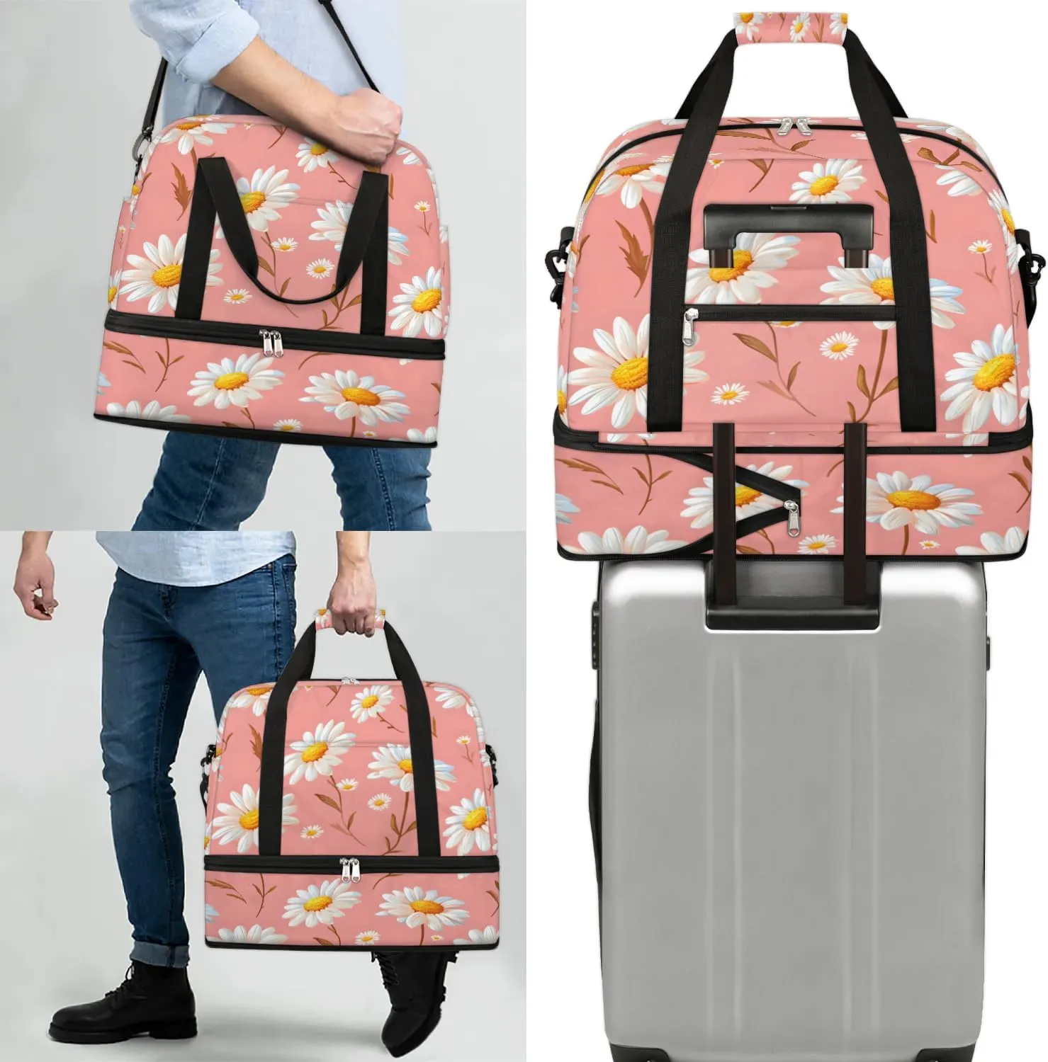 Exquisite Daisy Print Colorful Travel Duffle Bag, Collapsible Travel Bag Sports Gym Bag With Shoes Compartment Weekender Bag Overnight Bag For Women Men