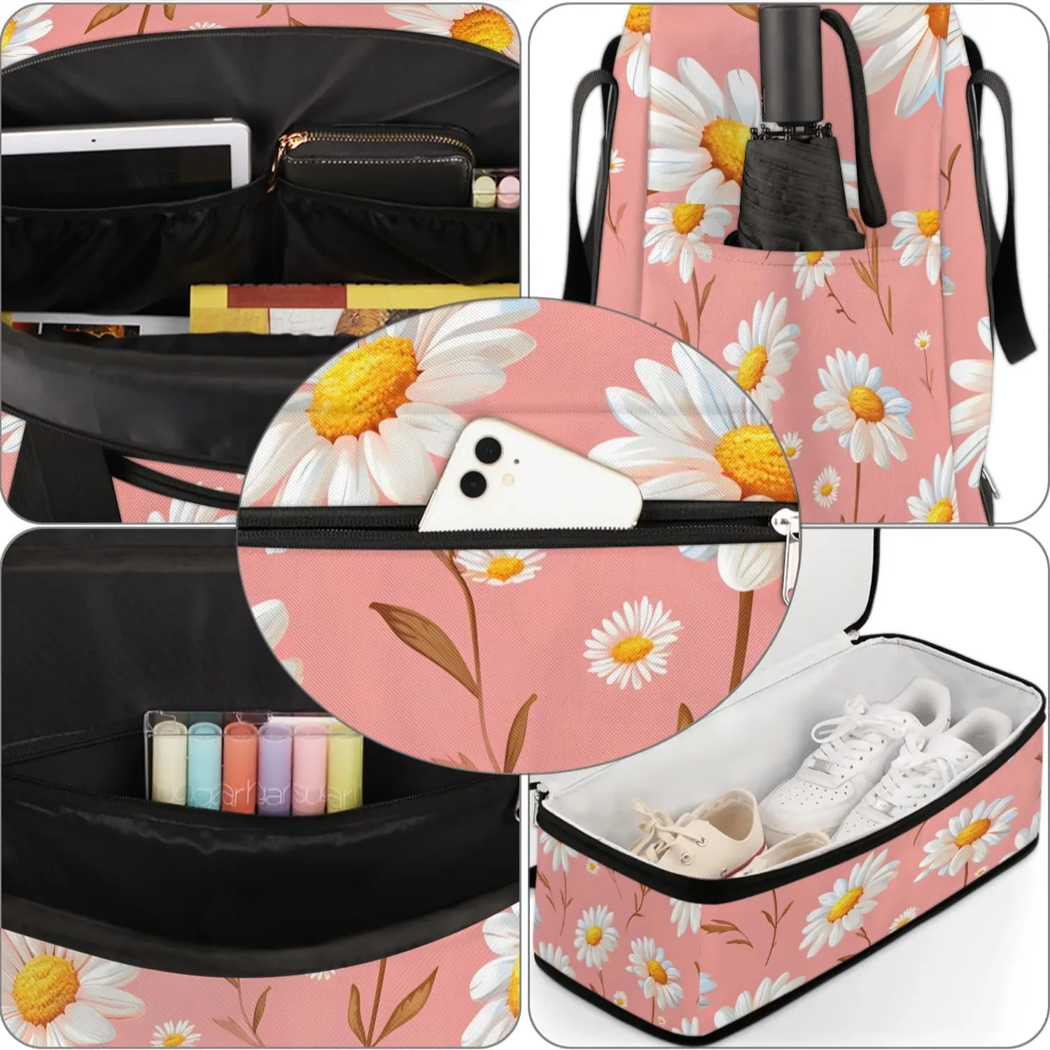 Exquisite Daisy Print Colorful Travel Duffle Bag, Collapsible Travel Bag Sports Gym Bag With Shoes Compartment Weekender Bag Overnight Bag For Women Men