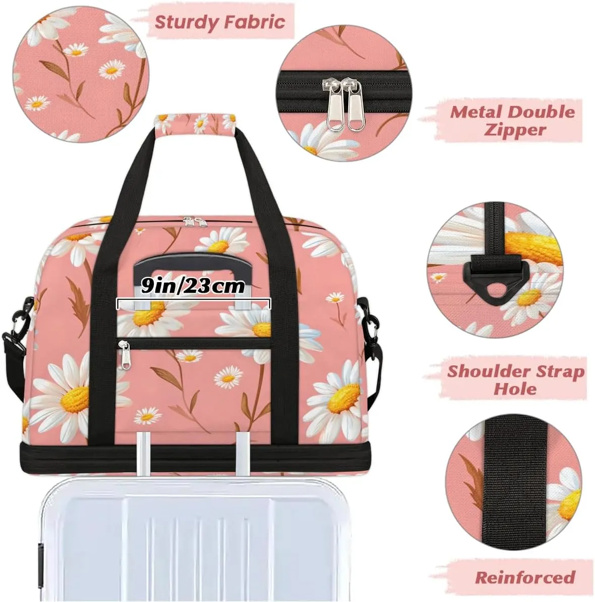 Exquisite Daisy Print Colorful Travel Duffle Bag, Collapsible Travel Bag Sports Gym Bag With Shoes Compartment Weekender Bag Overnight Bag For Women Men