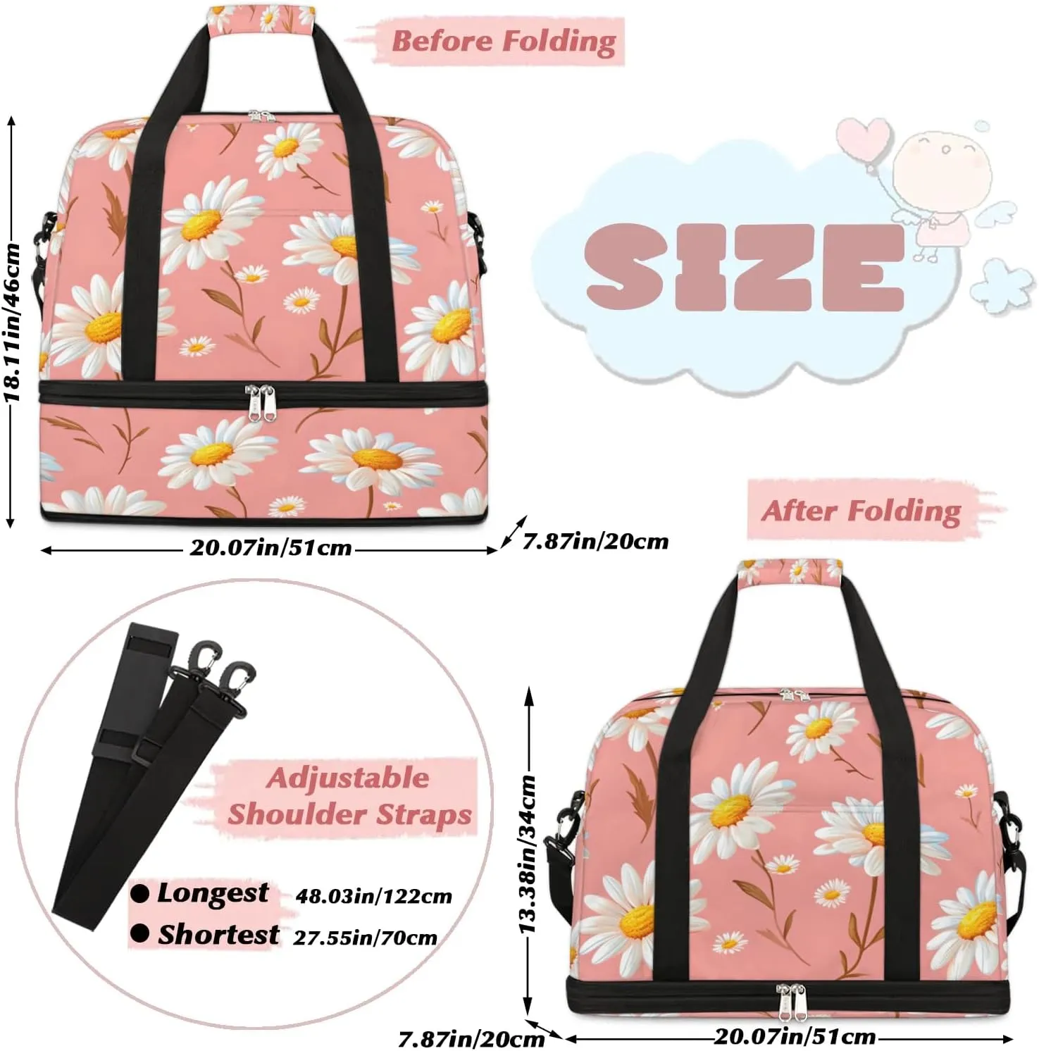 Exquisite Daisy Print Colorful Travel Duffle Bag, Collapsible Travel Bag Sports Gym Bag With Shoes Compartment Weekender Bag Overnight Bag For Women Men