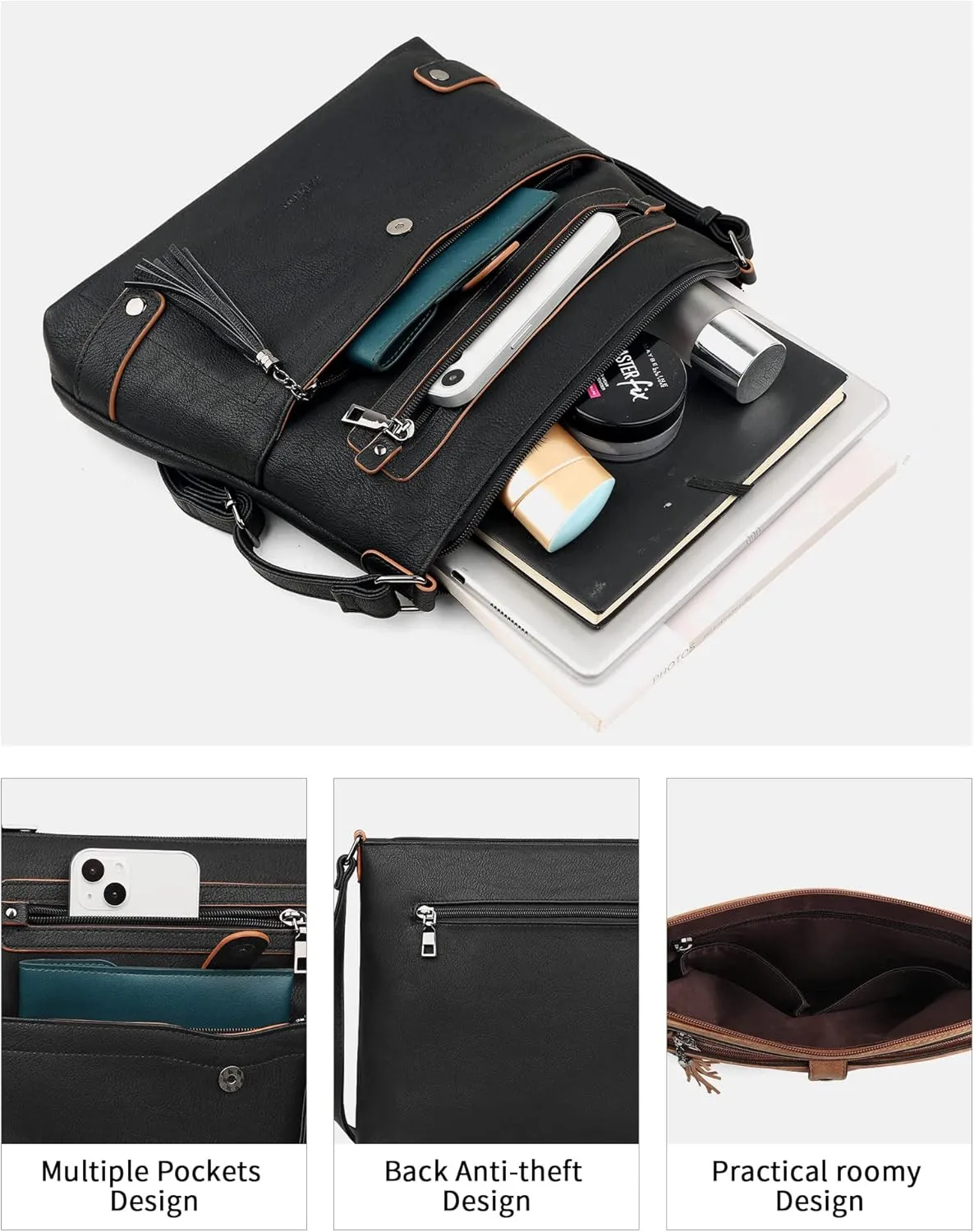 FADEON Large Crossbody Purses for Women Crossbody Bag, Designer Leather Cross Body Purses Multi Pocket Shoulder Bag