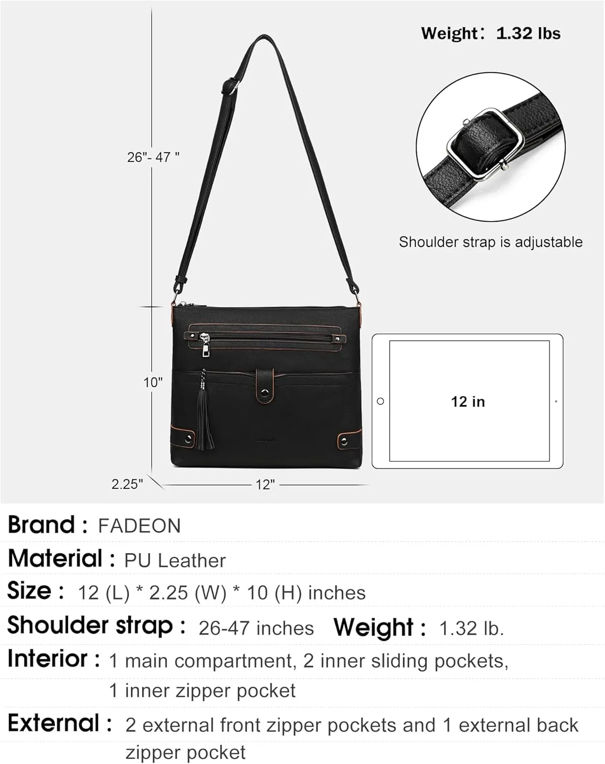 FADEON Large Crossbody Purses for Women Crossbody Bag, Designer Leather Cross Body Purses Multi Pocket Shoulder Bag