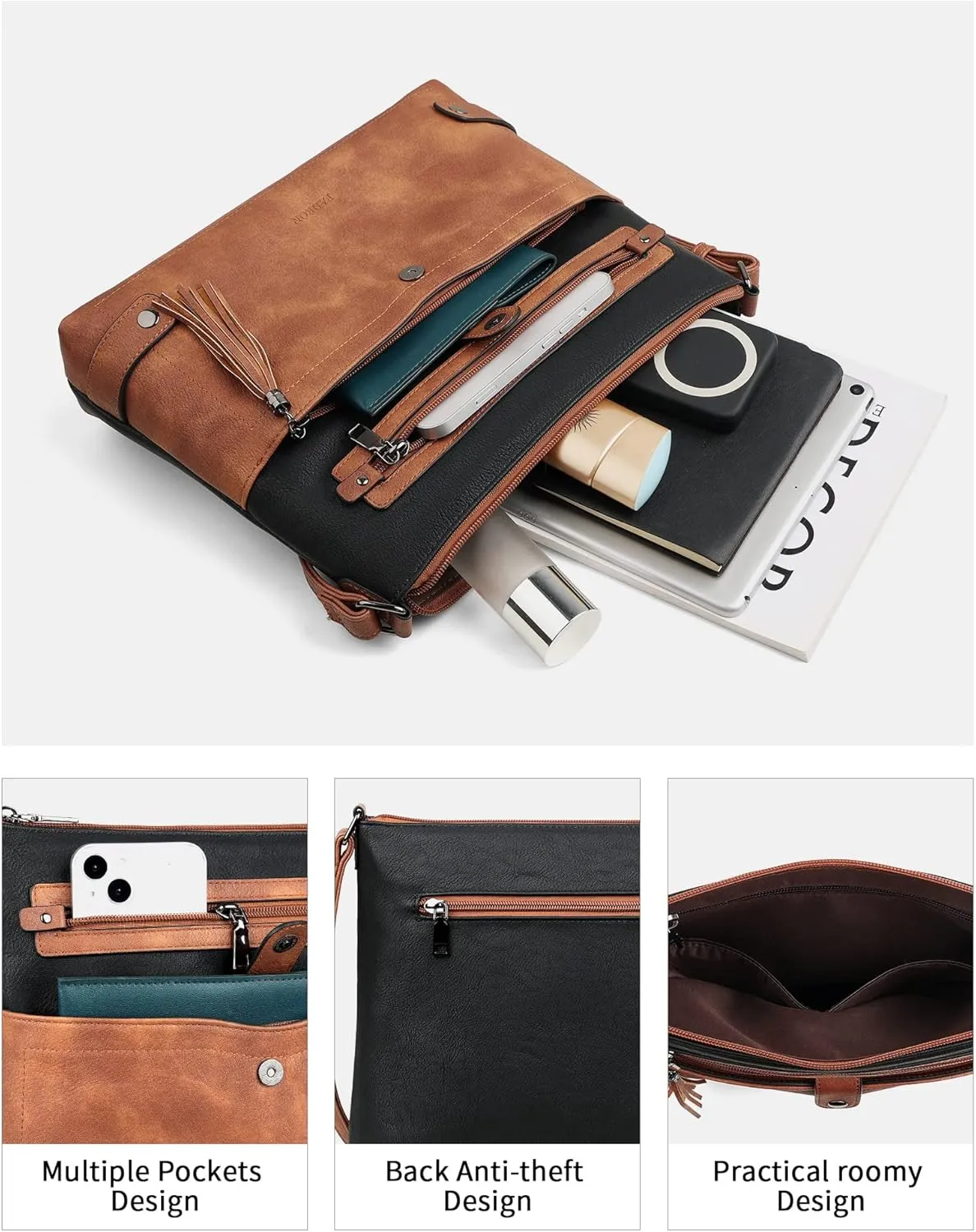 FADEON Large Crossbody Purses for Women Crossbody Bag, Designer Leather Cross Body Purses Multi Pocket Shoulder Bag