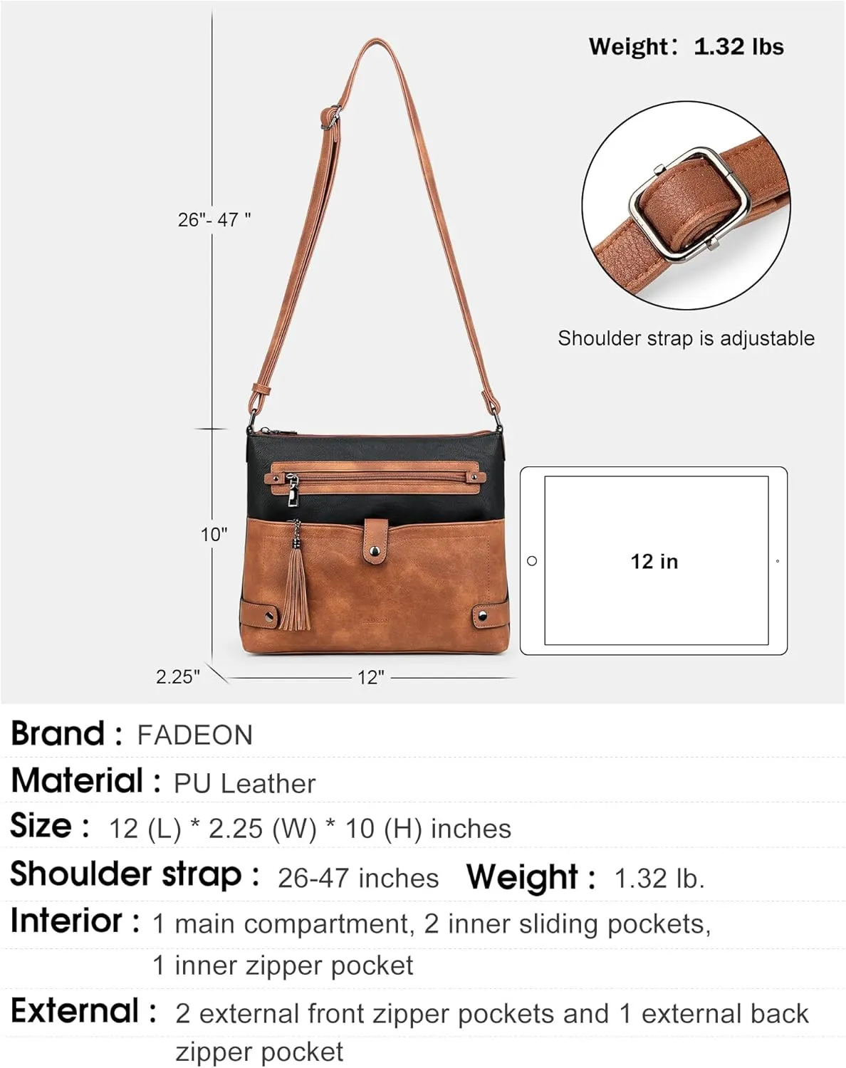 FADEON Large Crossbody Purses for Women Crossbody Bag, Designer Leather Cross Body Purses Multi Pocket Shoulder Bag