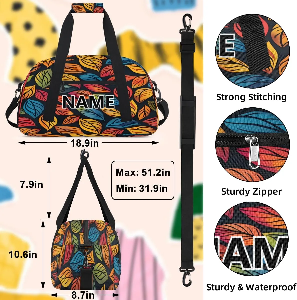 Fall Mini Gym Bag 18 inch for Women Men Waterproof Custom Colorful Leaf Travel Duffel Bag Carry On Overnight Tote Nurse Bag for Work Fitness Hiking