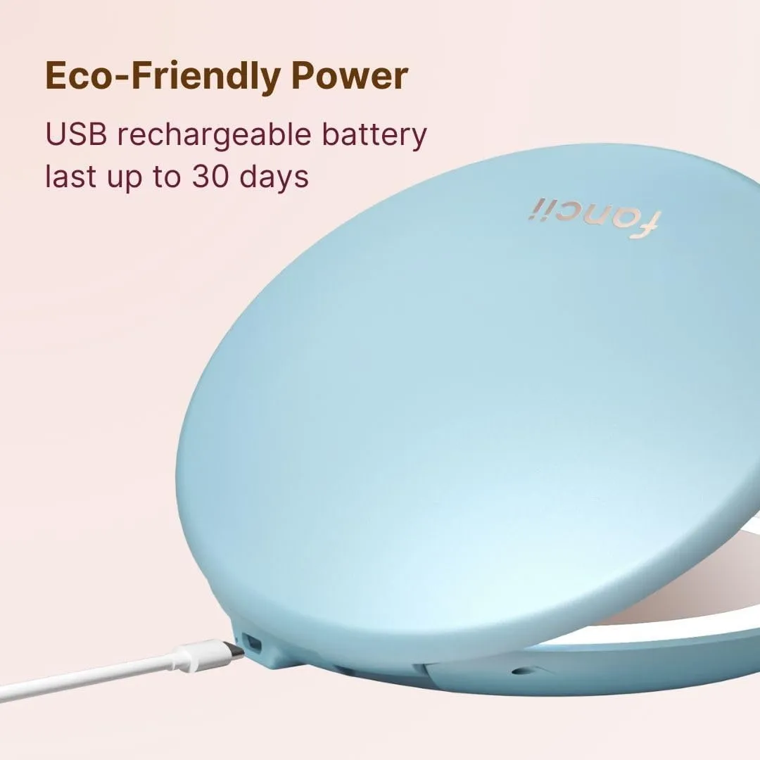 Fancii Taylor Rechargeable Compact Makeup Mirror with LED Lights, 10x /1x Magnifying, 3 Light Settings, Large 5” Wide | Travel Mirror for Purses (Soft Sky)