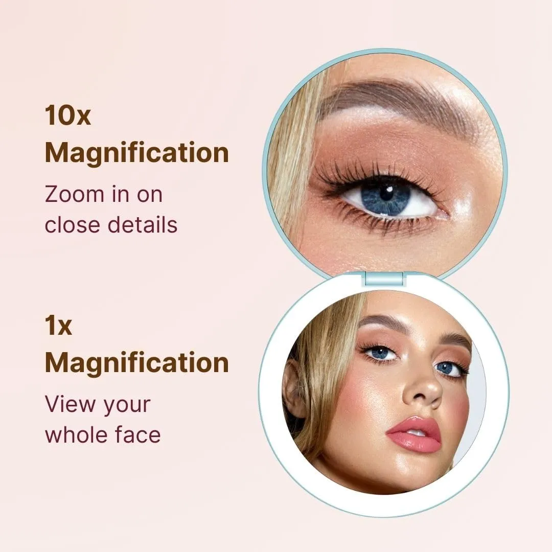 Fancii Taylor Rechargeable Compact Makeup Mirror with LED Lights, 10x /1x Magnifying, 3 Light Settings, Large 5” Wide | Travel Mirror for Purses (Soft Sky)