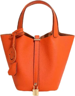 Fashion Genuine Leather Bucket Bag with Inner and Lock Handbag Tote Bag Purses for Shopping Travel Business School(Orange)