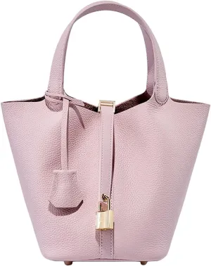 Fashion Genuine Leather Bucket Bag with Inner and Lock Handbag Tote Bag Purses for Shopping Travel Business School(Pink)