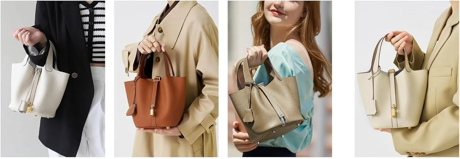 Fashion Genuine Leather Bucket Bag with Inner and Lock Handbag Tote Bag Purses for Shopping Travel Business School(White)